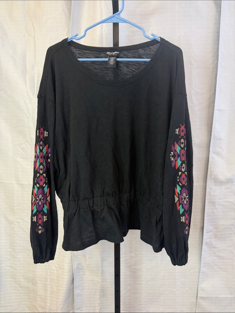 Wrangler Black Long-Sleeve Top with Colorful Embroidered Sleeves